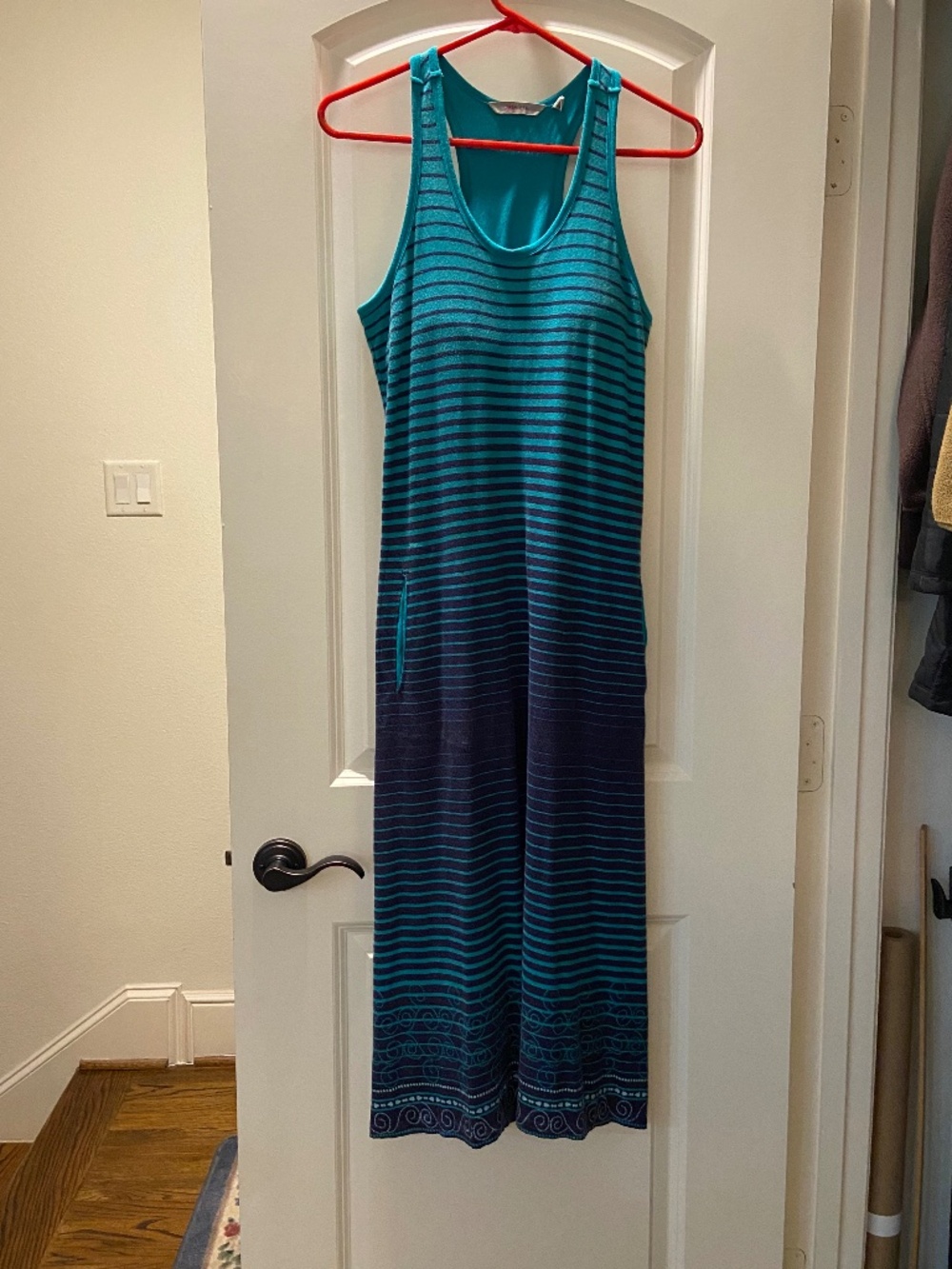 Long Racerback Athleta Dress; Teal Navy Stripes; Built In Bra; Soft, Comfy, Sm